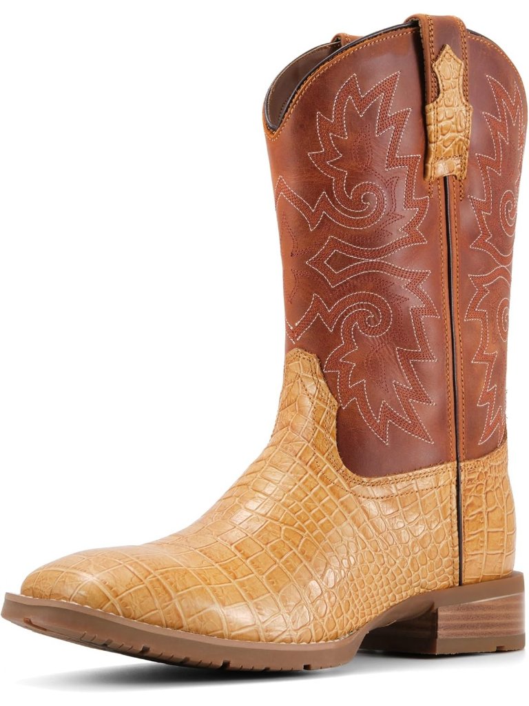 Mens Tan Caiman Belly Pull On Mid Calf Wellington Square Toe Western Cowboy Boot